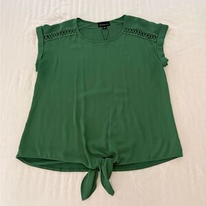 Fortune Ivy Green Tie Front Blouse Lace Shoulder Boho Casual Top - Size M